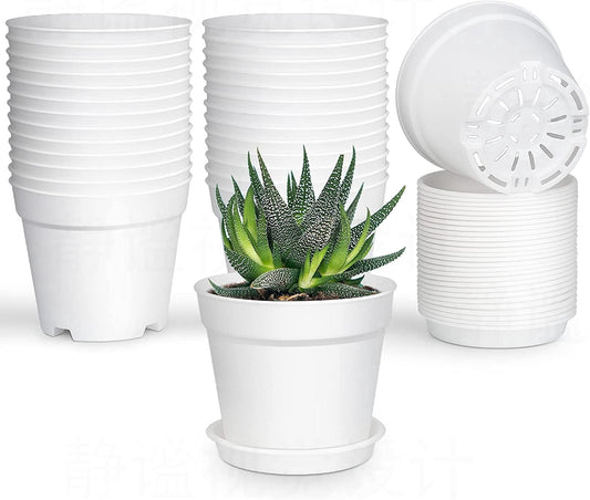 Pots for Plants, 8 Pack 4.8 inch Plastic Planters with Multiple Drainage Holes and Trays - Plant Pots for All Home Garden Flowers Succulents (White) 4inch-White