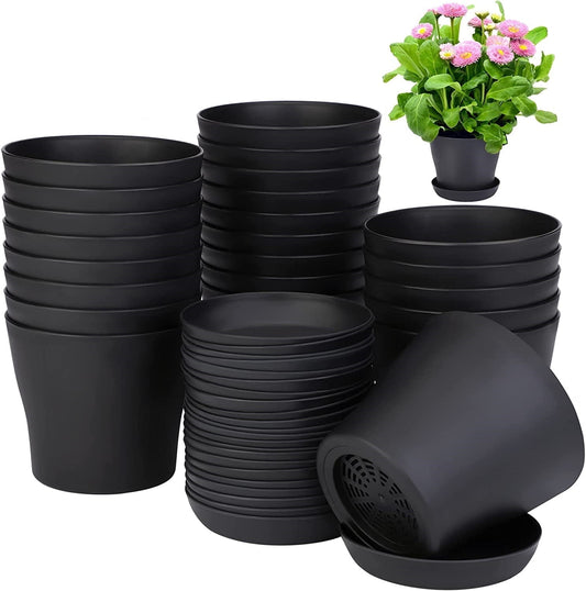 Pots for Plants, 8 Pack 4 inch Plastic Planters with Multiple Drainage Holes and Trays - Plant Pots for All Home Garden Flowers Succulents (White) 4inch-Black