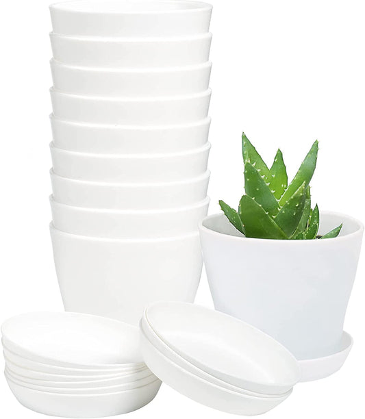 Pots for Plants, 8 Pack 4 inch Plastic Planters with Multiple Drainage Holes and Trays - Plant Pots for All Home Garden Flowers Succulents (White) 4.8inch-White