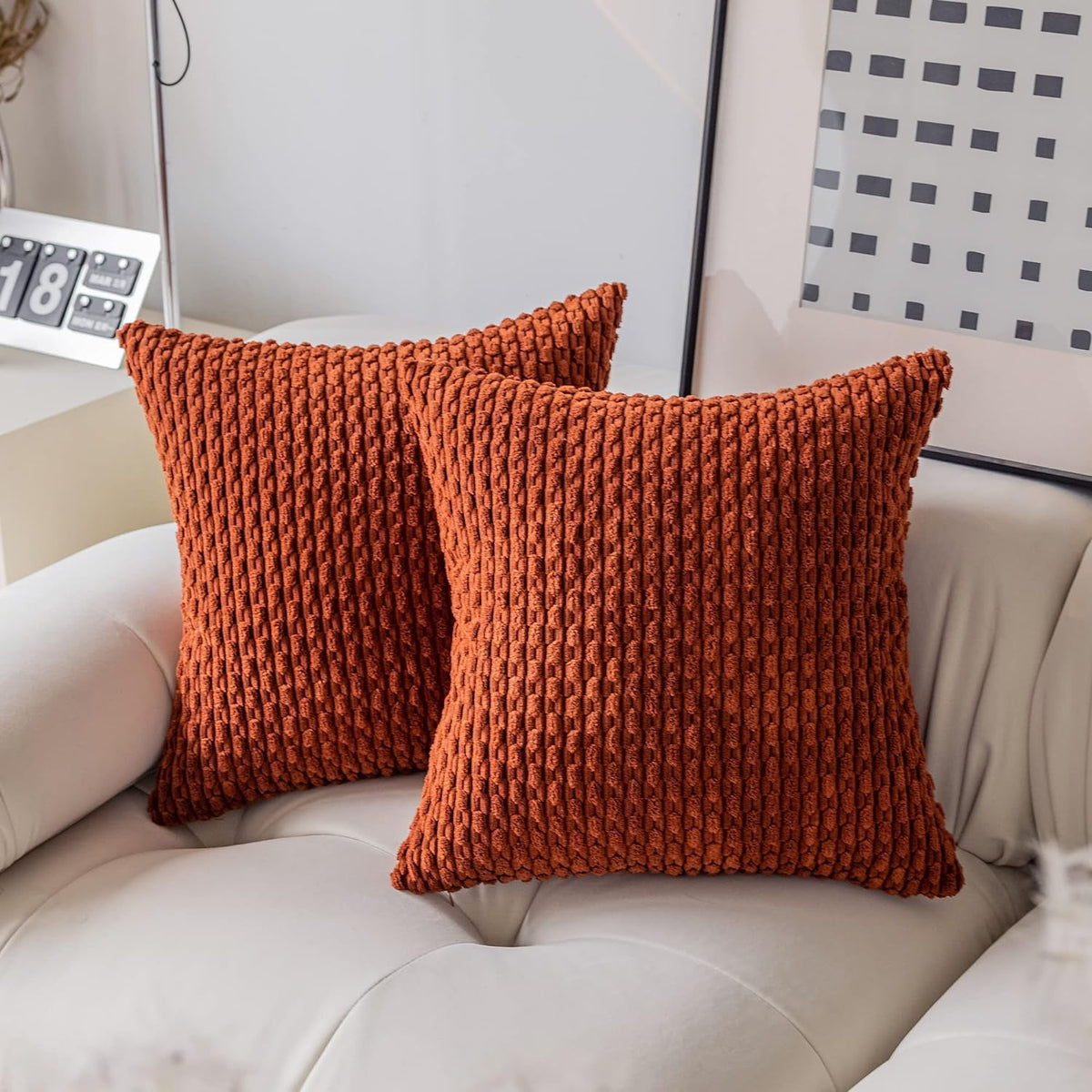 2 Pack Striped Velvet Corduroy Pillow Covers, Decorative Throw Cushion Cases for Couch, Sofa and Bed, 22 x 22-Inch, Burnt Brick