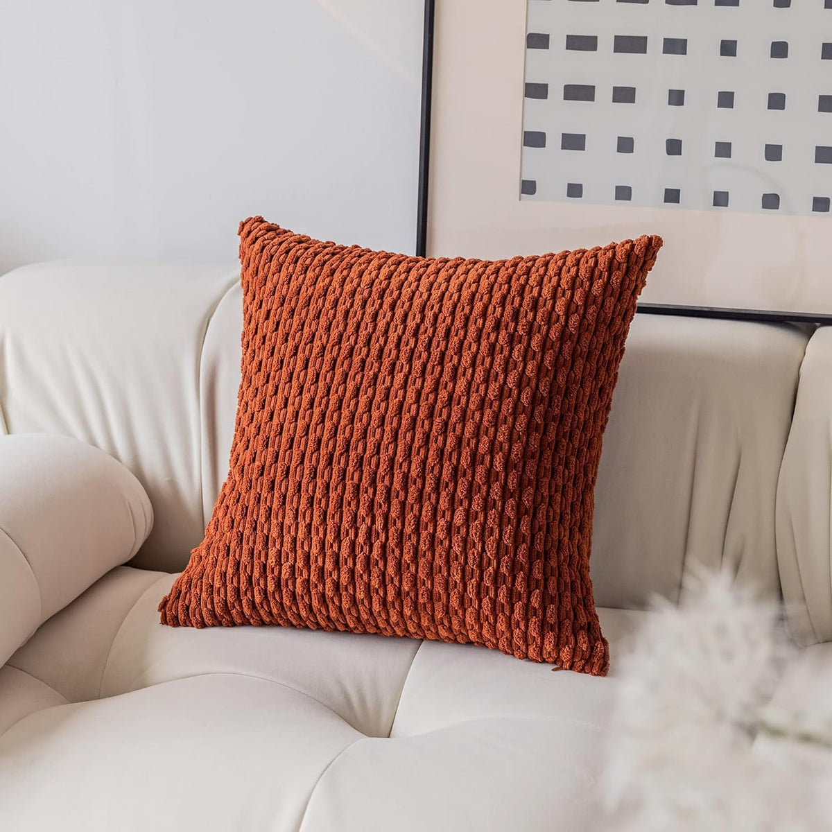 2 Pack Striped Velvet Corduroy Pillow Covers, Decorative Throw Cushion Cases for Couch, Sofa and Bed, 22 x 22-Inch, Burnt Brick