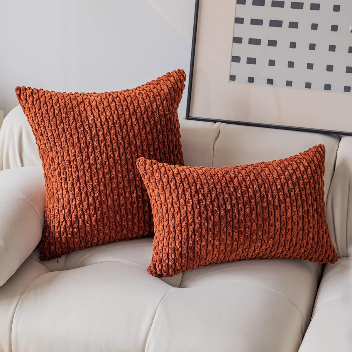 2 Pack Striped Velvet Corduroy Pillow Covers, Decorative Throw Cushion Cases for Couch, Sofa and Bed, 22 x 22-Inch, Burnt Brick