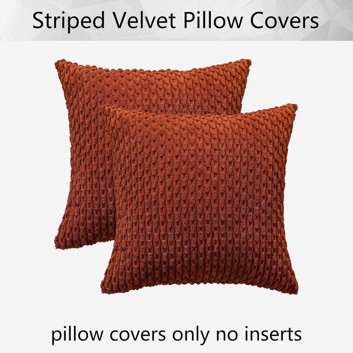 2 Pack Striped Velvet Corduroy Pillow Covers, Decorative Throw Cushion Cases for Couch, Sofa and Bed, 22 x 22-Inch, Burnt Brick