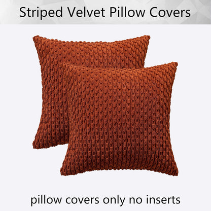Holzlrgus Fall Set of 2 Striped Textured Velvet Corduroy Decorative Europe Sham Seasonal Autumn Throw Pillow Cushion Cover for Couch, (60x60 cm, 24inch) 22 x 22-Inch Burnt Brick
