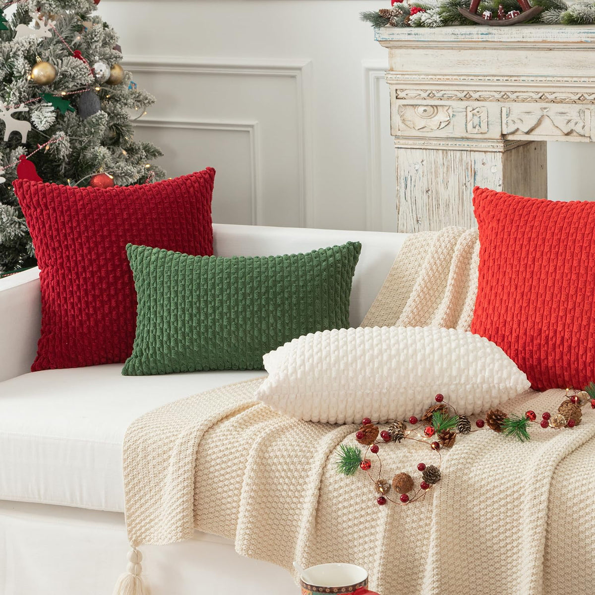 2 Pack Striped Velvet Corduroy Pillow Covers, Decorative Throw Cushion Cases for Couch, Sofa and Bed, 22 x 22-Inch, Cream