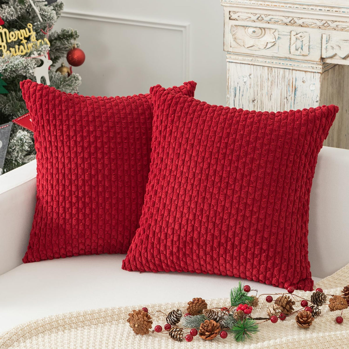 2 Pack Striped Velvet Corduroy Pillow Covers, Decorative Throw Cushion Cases for Couch, Sofa and Bed, 22 x 22-Inch, Red