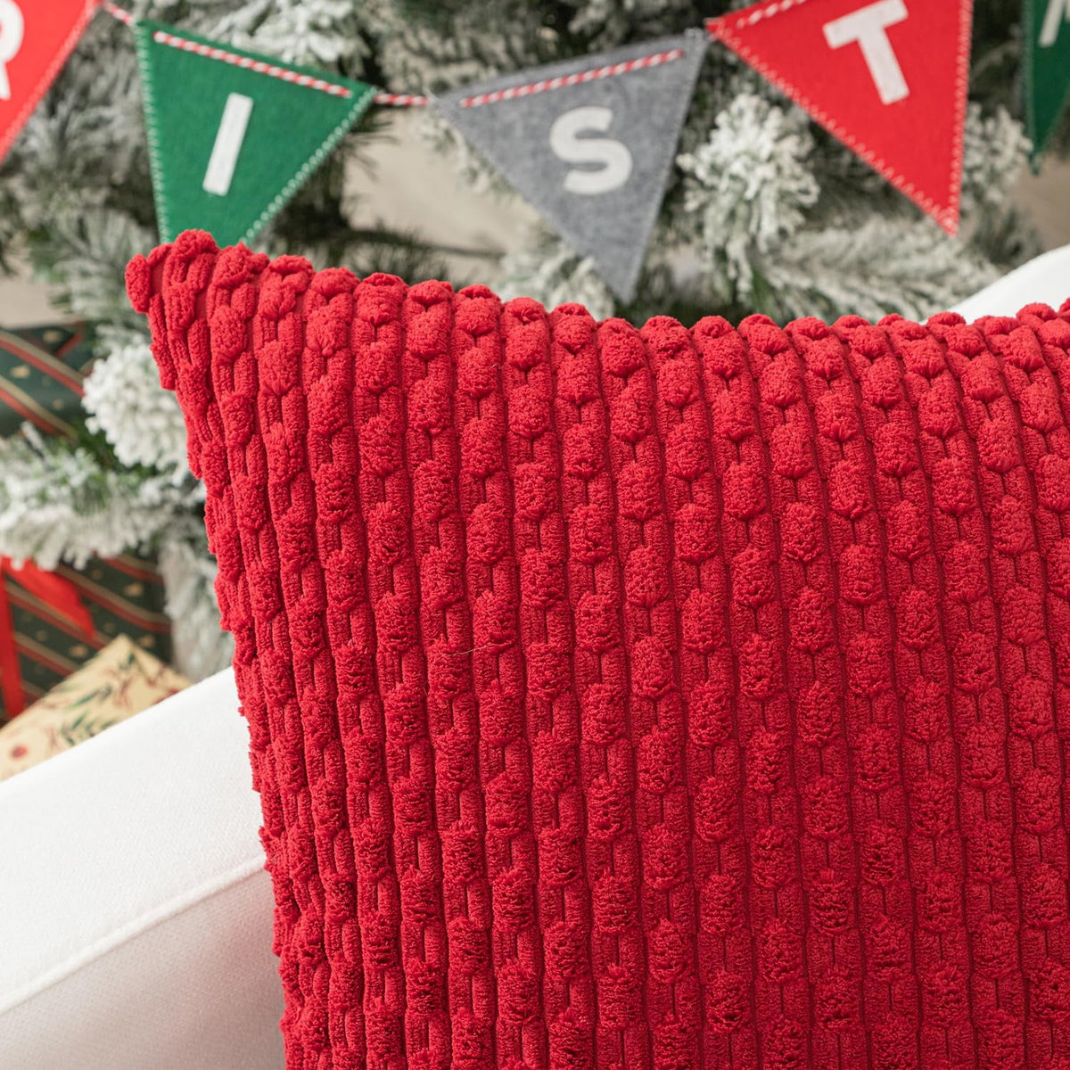 2 Pack Striped Velvet Corduroy Pillow Covers, Decorative Throw Cushion Cases for Couch, Sofa and Bed, 22 x 22-Inch, Red