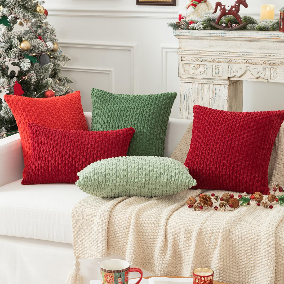 2 Pack Striped Velvet Corduroy Pillow Covers, Decorative Throw Cushion Cases for Couch, Sofa and Bed, 22 x 22-Inch, Red