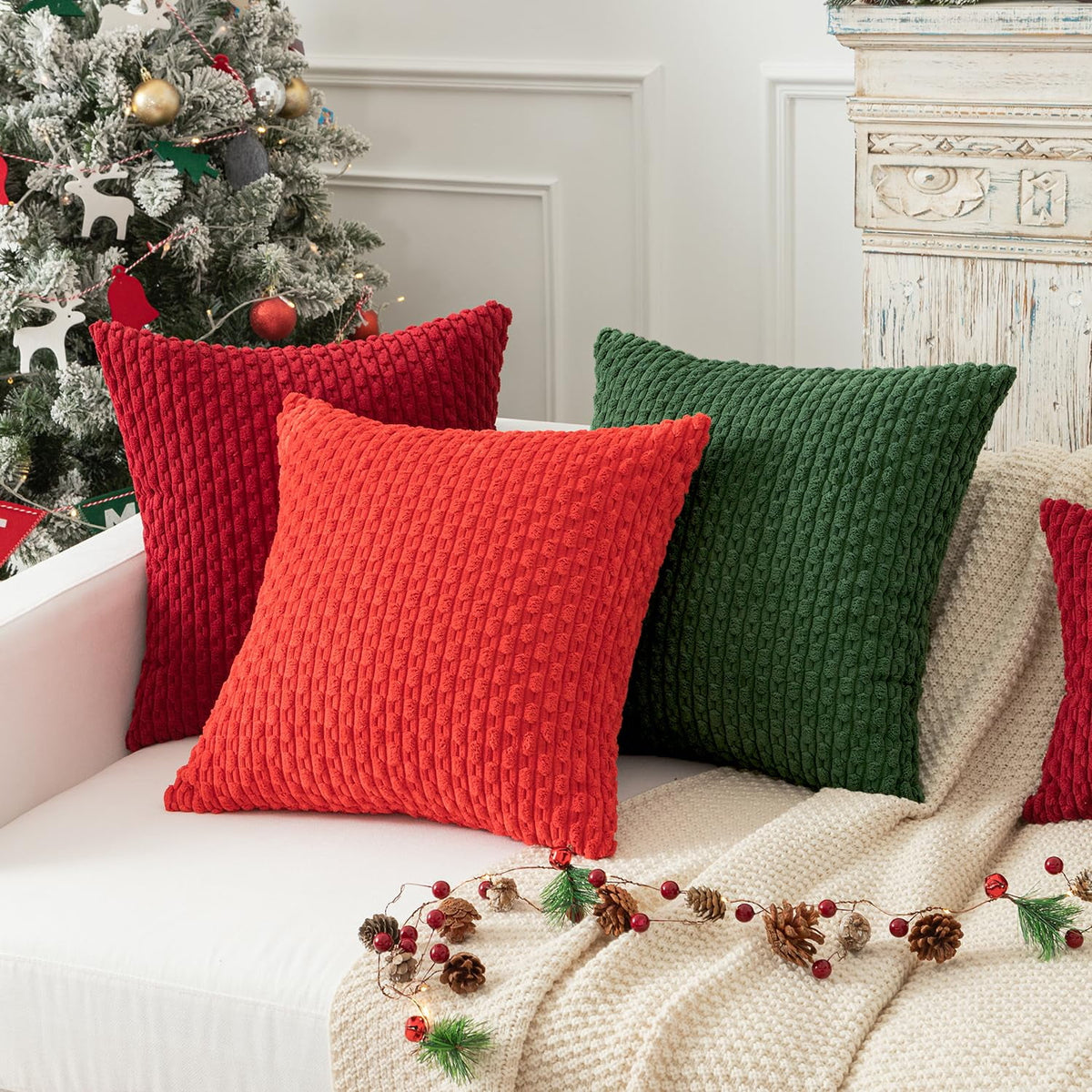 2 Pack Striped Velvet Corduroy Pillow Covers, Decorative Throw Cushion Cases for Couch, Sofa and Bed, 22 x 22-Inch, Red