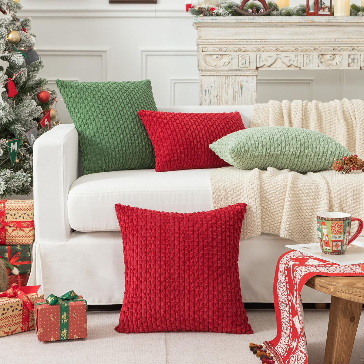 2 Pack Striped Velvet Corduroy Pillow Covers, Decorative Throw Cushion Cases for Couch, Sofa and Bed, 22 x 22-Inch, Red