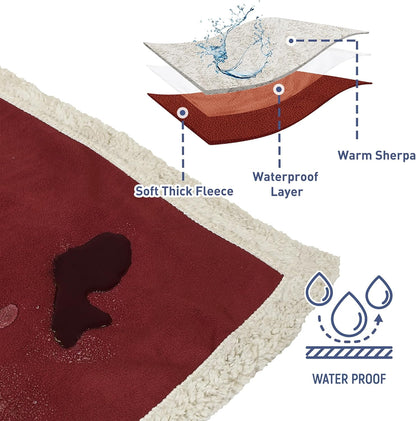 Pawsse Waterproof Pet Blanket, Pee Urine Proof Dog Blanket Cover for Couch Bed Furniture Protector, Liquid Proof Blanket for Small Medium Dogs, Buffale Red/Tuape, 50” x 60”. Wine/Tuape