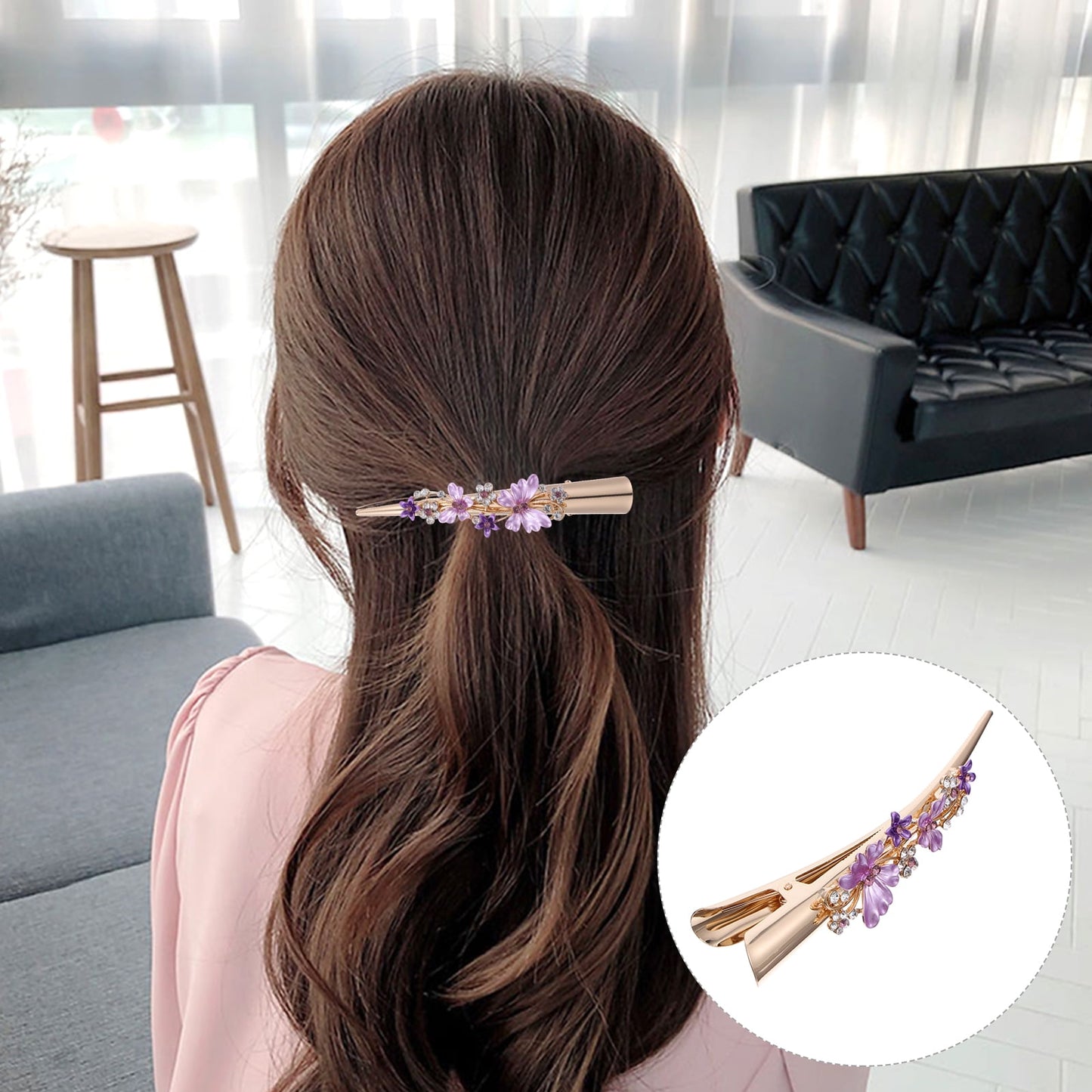 KALLORY Metal Flower Clip Large Hair Barrettes Rhinestone Alligator Hair Clips for Women Accessories Party Festival Style Purple