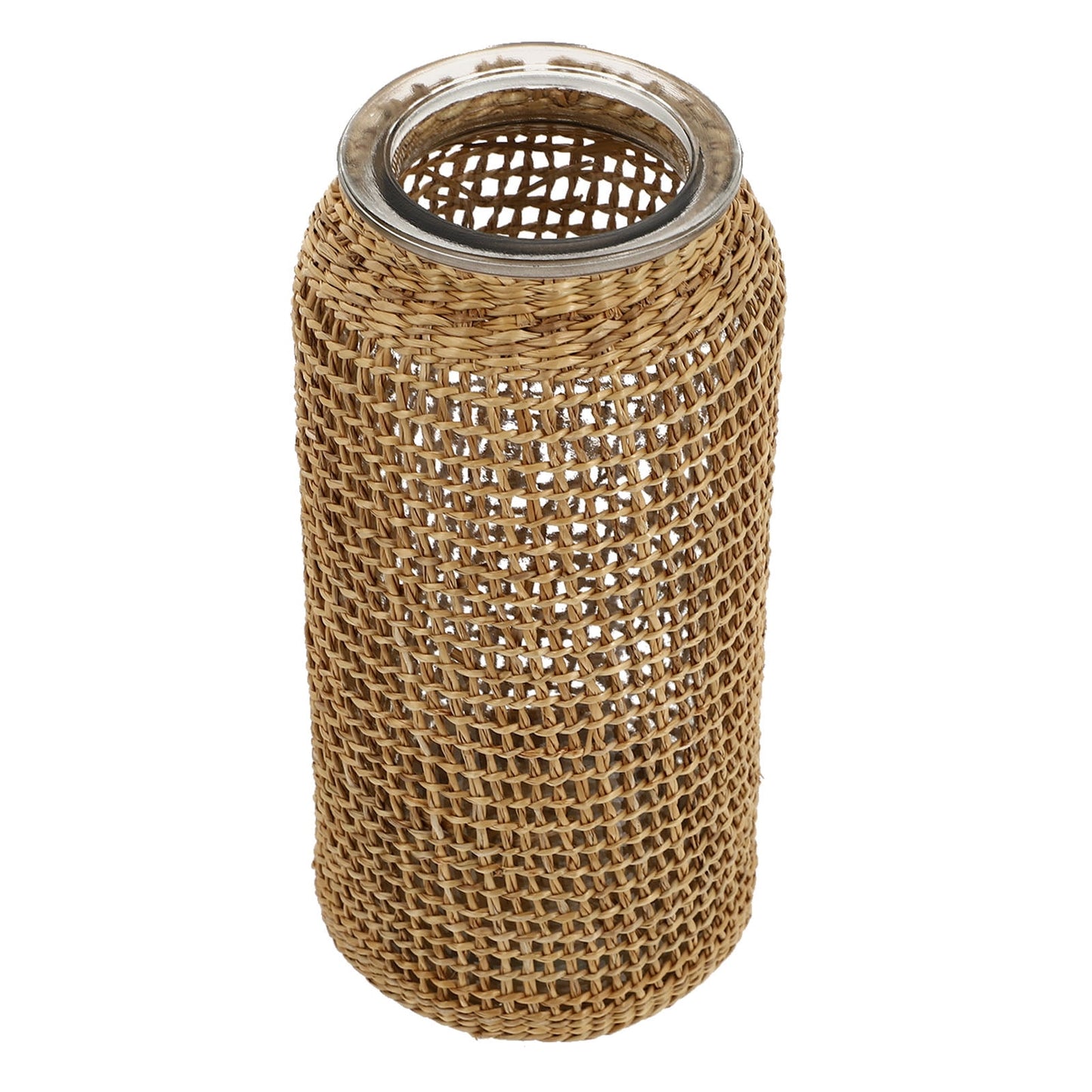 Boho Glass Vase with Rattan Sleeve, Rustic Farmhouse Round Decorative Flower Vase for Floral Arrangements and Table Centerpiece 4.3x4.3x9.8 inch