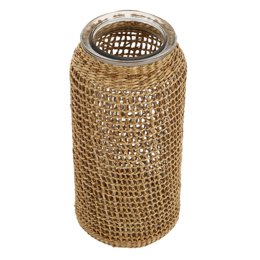 Boho Glass Vase with Rattan Sleeve, Rustic Farmhouse Round Decorative Flower Vase for Floral Arrangements and Table Centerpiece 4.3x4.3x9.8 inch
