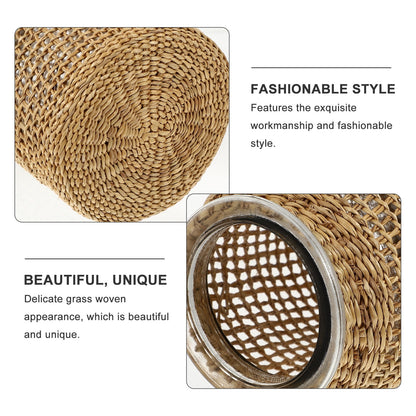 Boho Glass Vase with Rattan Sleeve, Rustic Farmhouse Round Decorative Flower Vase for Floral Arrangements and Table Centerpiece 4.3x4.3x9.8 inch