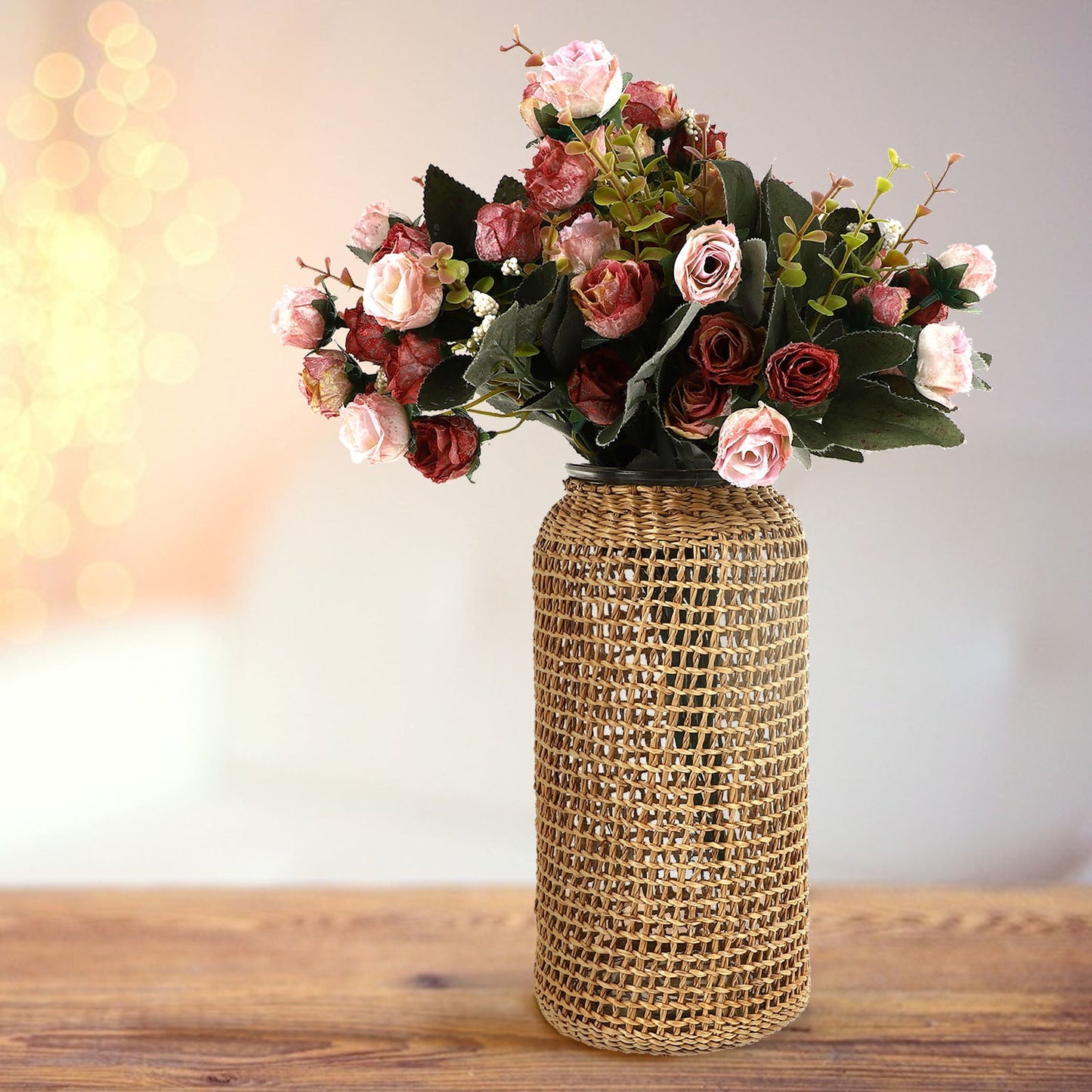 Boho Glass Vase with Rattan Sleeve, Rustic Farmhouse Round Decorative Flower Vase for Floral Arrangements and Table Centerpiece 4.3x4.3x9.8 inch