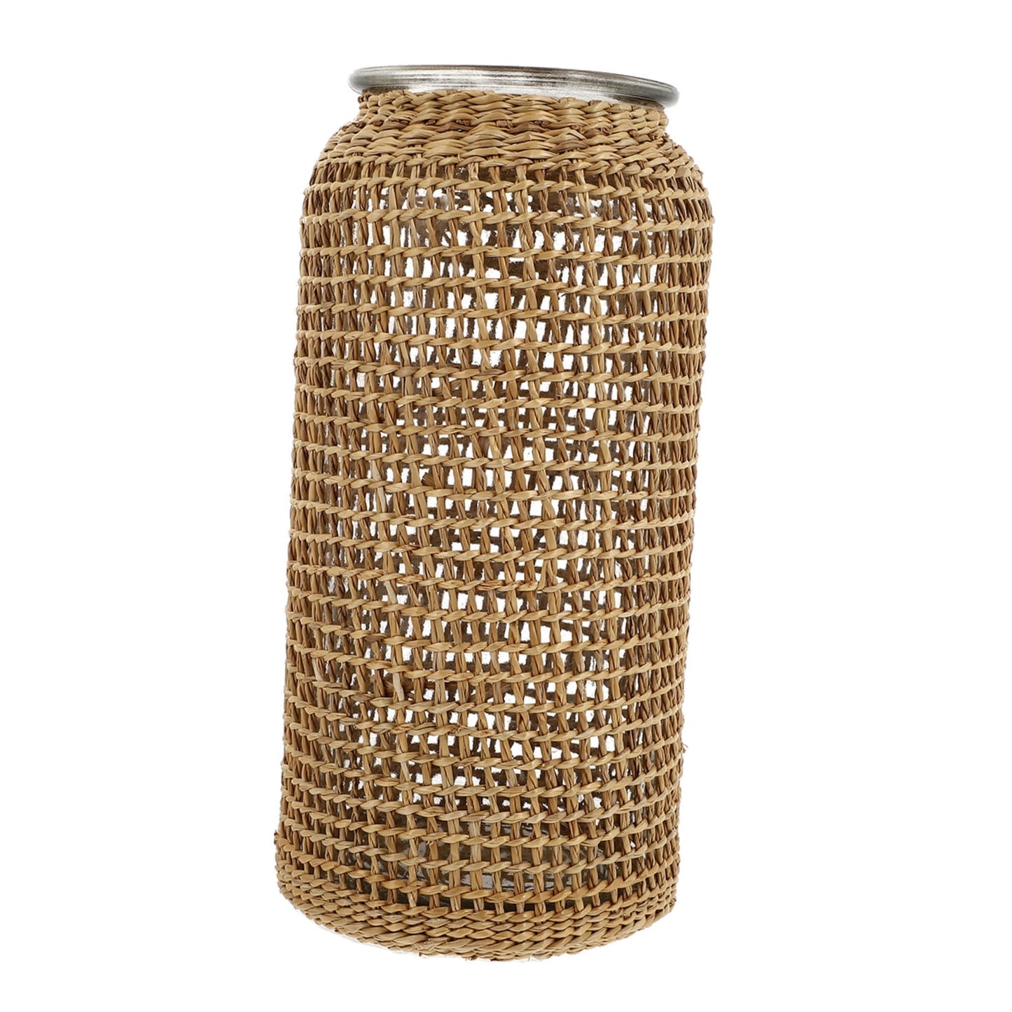 Boho Glass Vase with Rattan Sleeve, Rustic Farmhouse Round Decorative Flower Vase for Floral Arrangements and Table Centerpiece 4.3x4.3x9.8 inch
