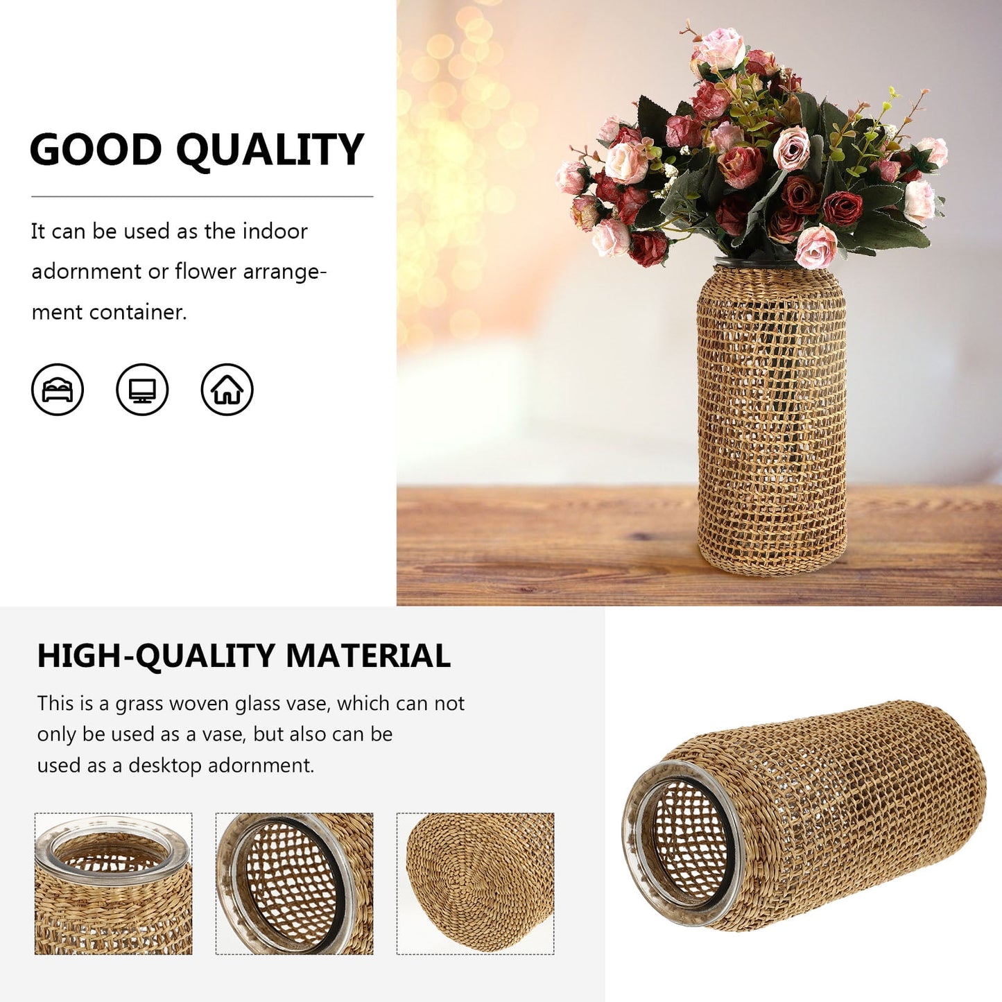 Boho Glass Vase with Rattan Sleeve, Rustic Farmhouse Round Decorative Flower Vase for Floral Arrangements and Table Centerpiece 4.3x4.3x9.8 inch