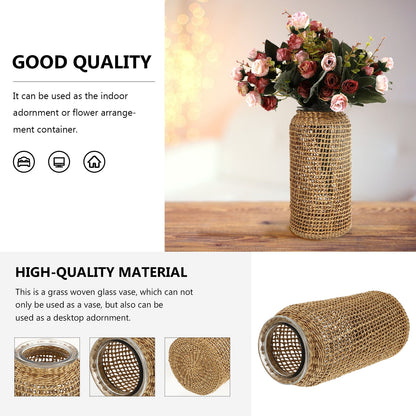Boho Glass Vase with Rattan Sleeve, Rustic Farmhouse Round Decorative Flower Vase for Floral Arrangements and Table Centerpiece 4.3x4.3x9.8 inch