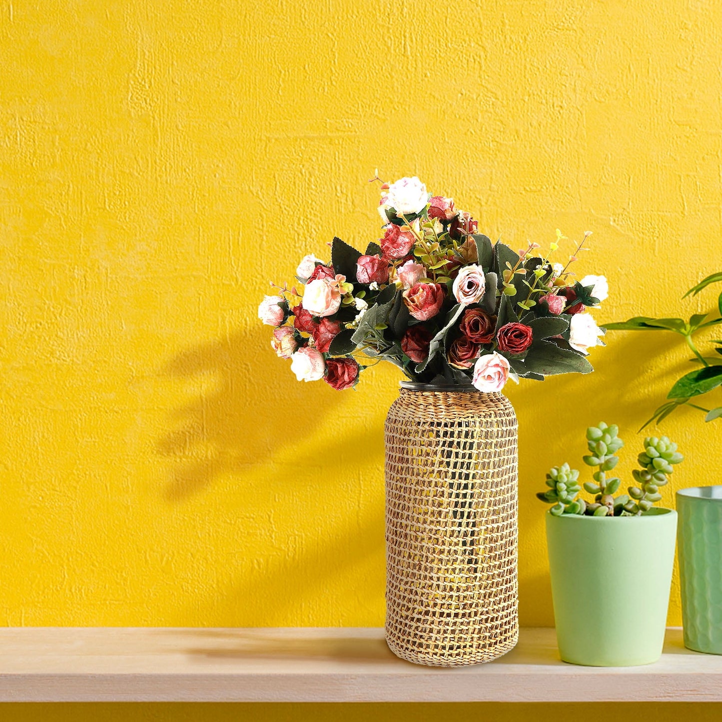 Boho Glass Vase with Rattan Sleeve, Rustic Farmhouse Round Decorative Flower Vase for Floral Arrangements and Table Centerpiece 4.3x4.3x9.8 inch