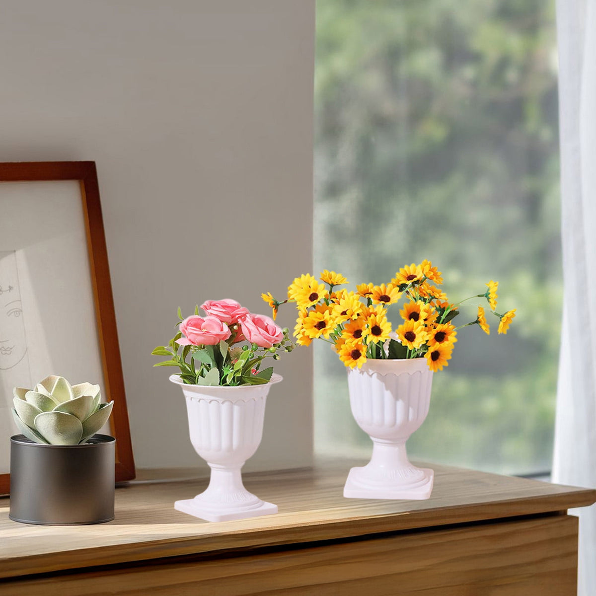 Darzheoy White Urn Planter Flower Pots, Classic Plastic Tall Planter, Wedding Party Porch Front Door Decorative 2 Pack A