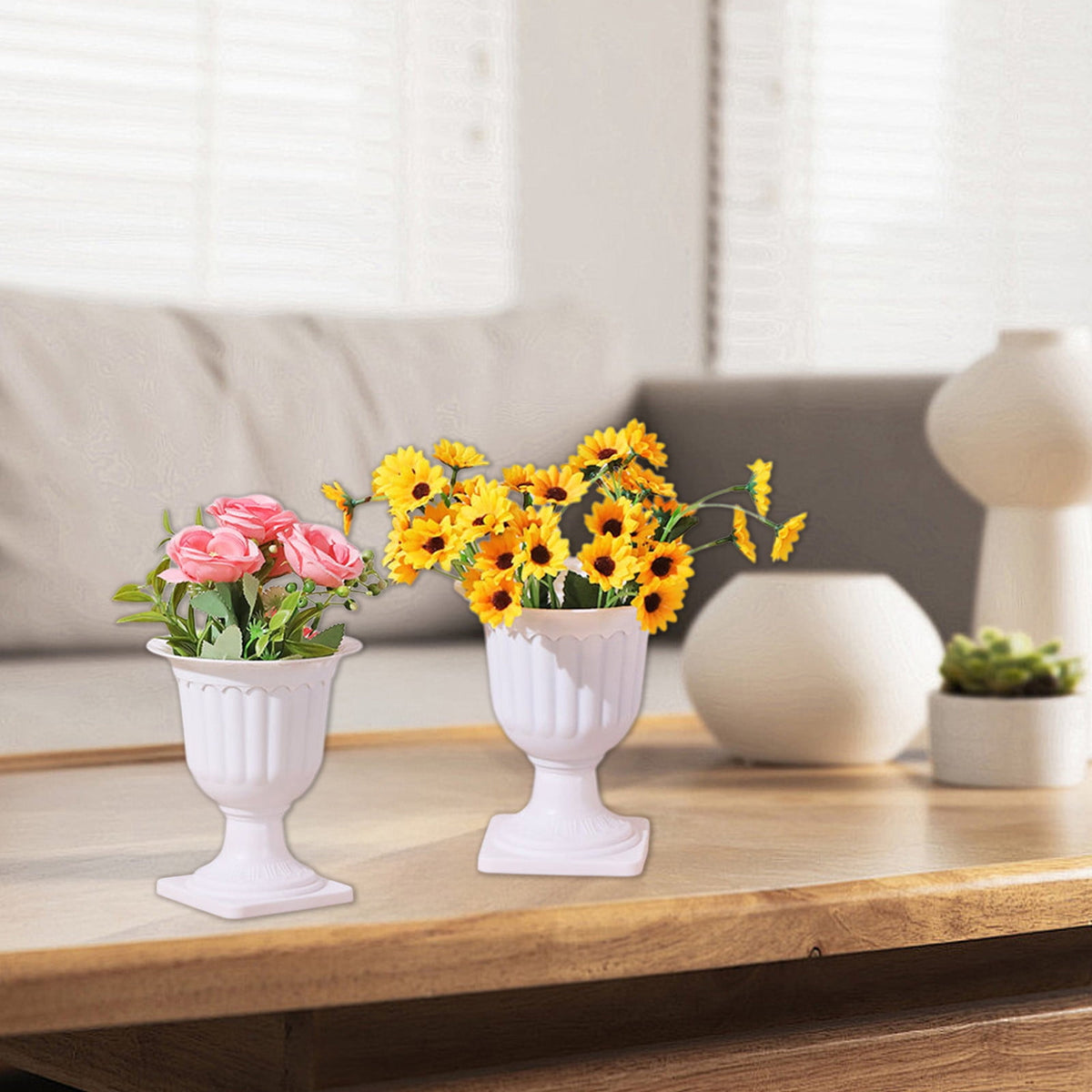 Darzheoy White Urn Planter Flower Pots, Classic Plastic Tall Planter, Wedding Party Porch Front Door Decorative 2 Pack A