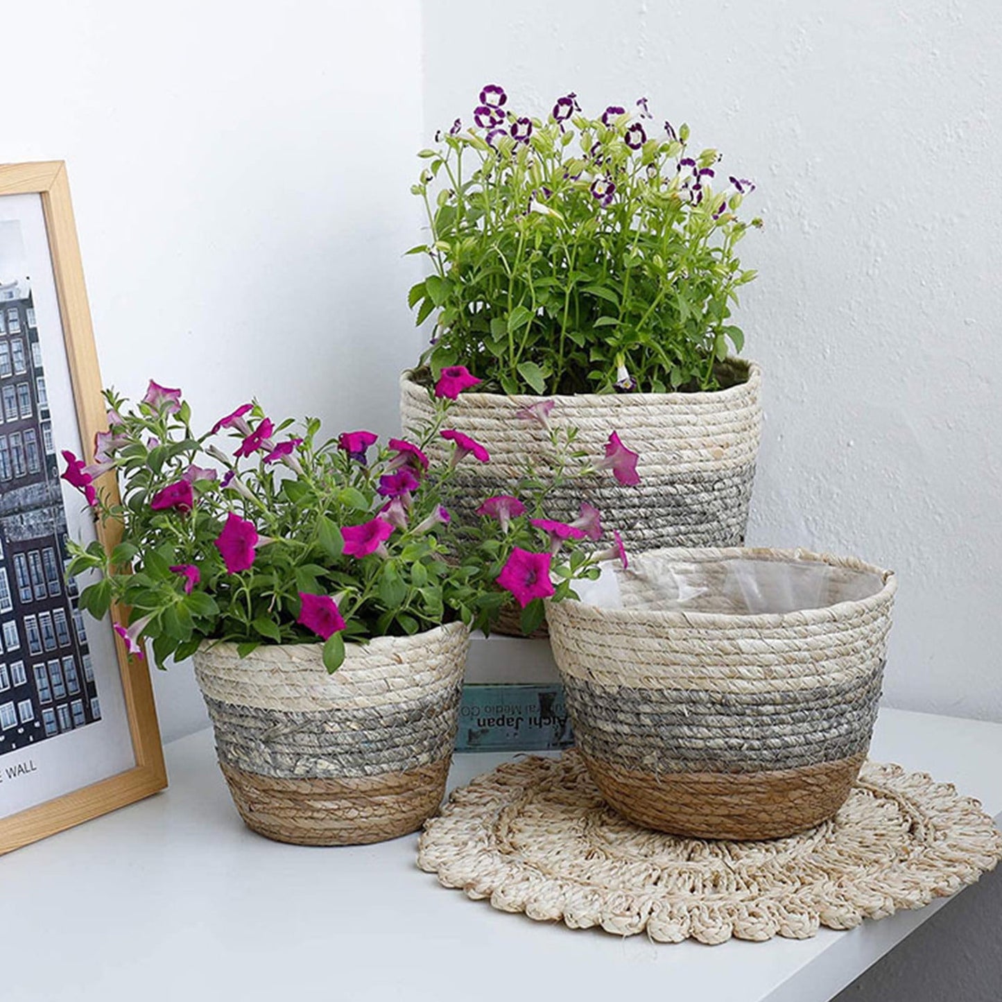 Darzheoy Woven Seagrass Plant Basket, Flower Pots Home Boho Decor, Storage Picnic Grocery Straw Bag for Plant Artificial Tree - 5.5"×8.7"×6.3 B
