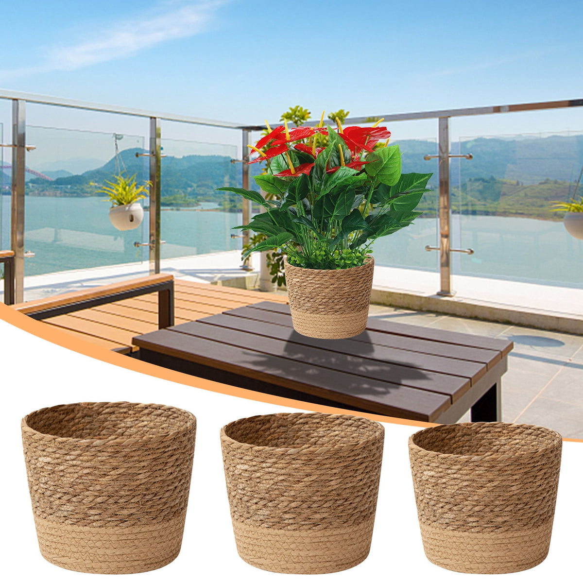 Darzheoy Woven Seagrass Plant Basket, Flower Pots Home Boho Decor, Storage Picnic Grocery Straw Bag for Plant Artificial Tree - 5.5"×8.7"×6.3 D