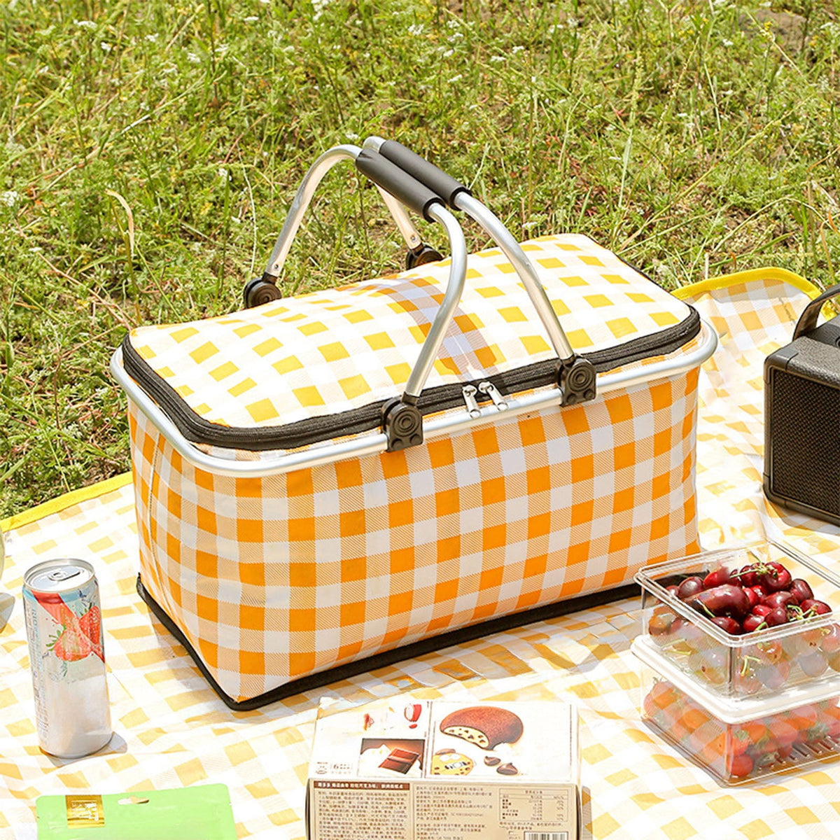 Picnic Basket, Collapsible Shopping Basket with Lid Large Market Basket with Handles Reusable Folding Grocery Basket Insulated Cooler Bag for Picnic Travel 18.5×8.7×10.6 in Green