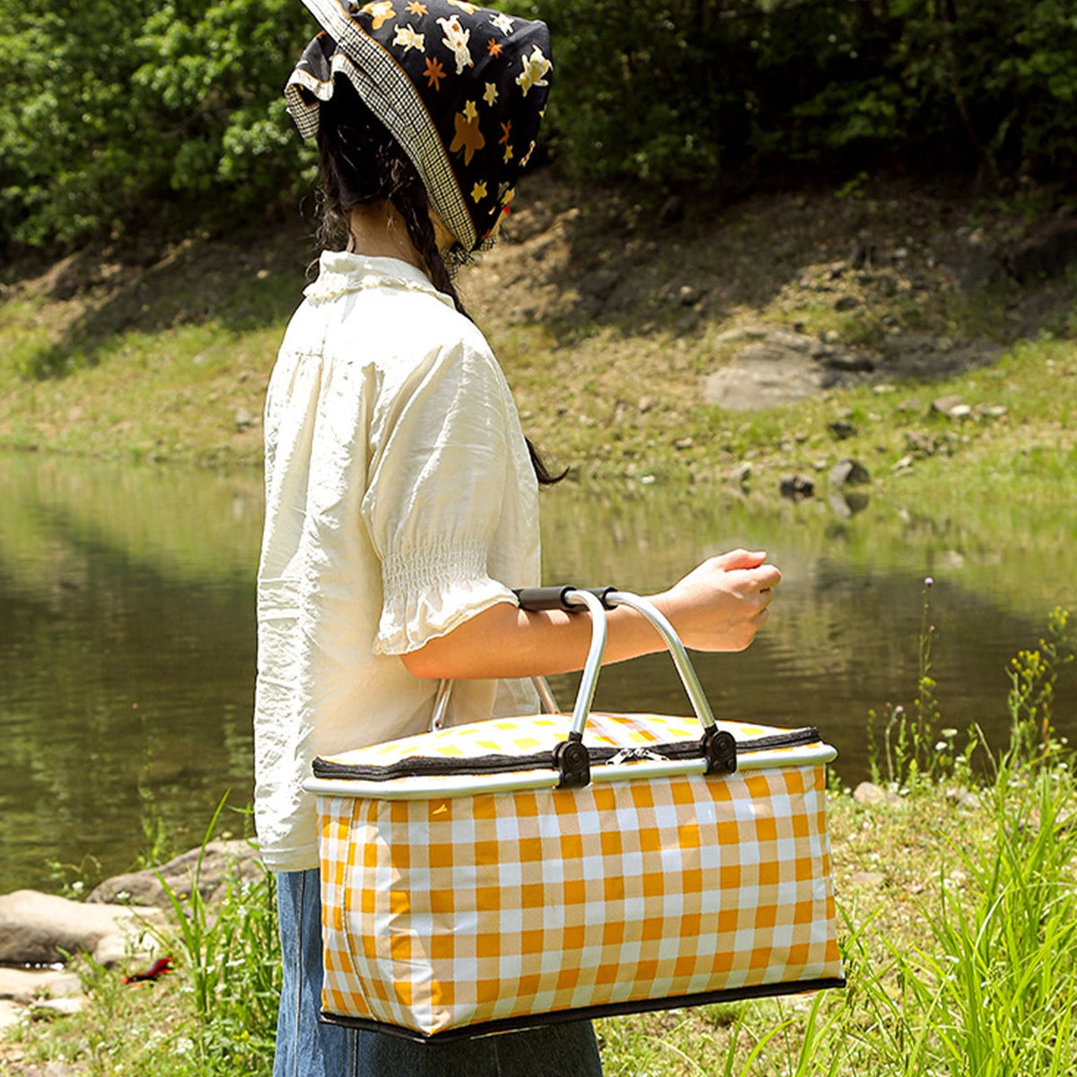 Picnic Basket, Collapsible Shopping Basket with Lid Large Market Basket with Handles Reusable Folding Grocery Basket Insulated Cooler Bag for Picnic Travel 18.5×8.7×10.6 in Pink