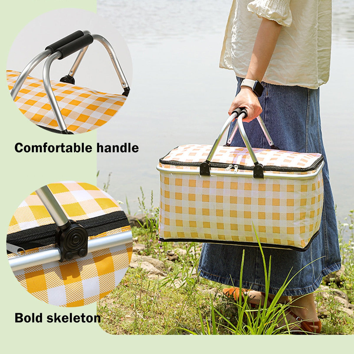 Picnic Basket, Collapsible Shopping Basket with Lid Large Market Basket with Handles Reusable Folding Grocery Basket Insulated Cooler Bag for Picnic Travel 18.5×8.7×10.6 in Pink