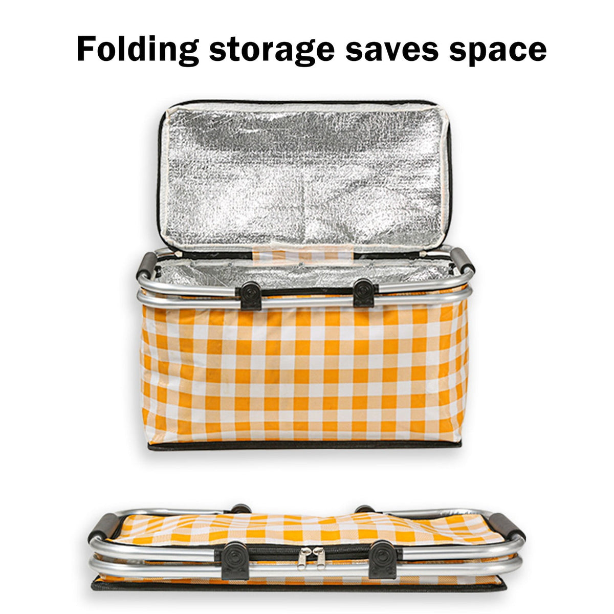 Picnic Basket, Collapsible Shopping Basket with Lid Large Market Basket with Handles Reusable Folding Grocery Basket Insulated Cooler Bag for Picnic Travel 18.5×8.7×10.6 in Pink