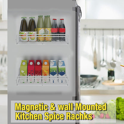 Magnetic Spice Rack for Refrigerator, Metal Strong Magnet Shelf, Space Saving Spice Organizer, Home Kitchen Storage Rack, Movable Magnetic Basket for Fridge Microwave Washing Machines