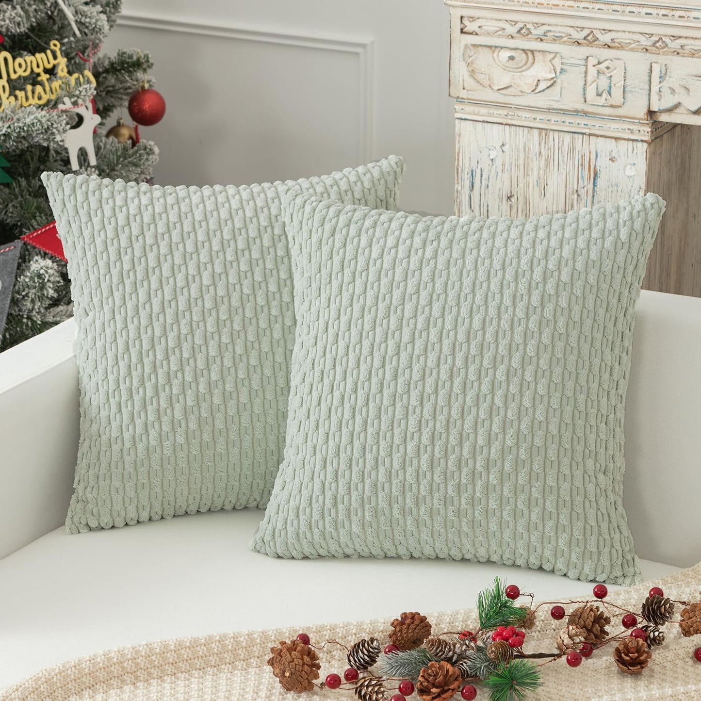 Holzlrgus Fall Set of 2 Striped Textured Velvet Corduroy Decorative Europe Sham Seasonal Autumn Throw Pillow Cushion Cover for Couch, (60x60 cm, 24inch), Burnt Brick