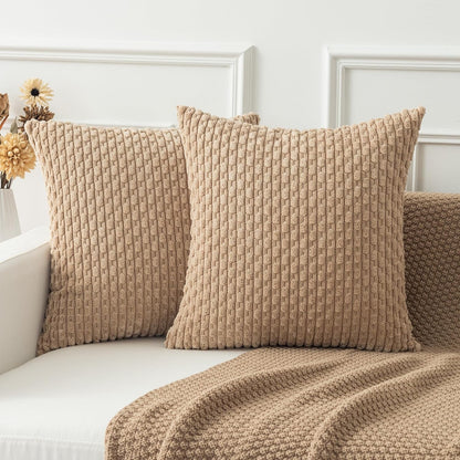 Holzlrgus Fall Set of 2 Striped Textured Velvet Corduroy Decorative Europe Sham Seasonal Autumn Throw Pillow Cushion Cover for Couch, (60x60 cm, 24inch), Burnt Brick