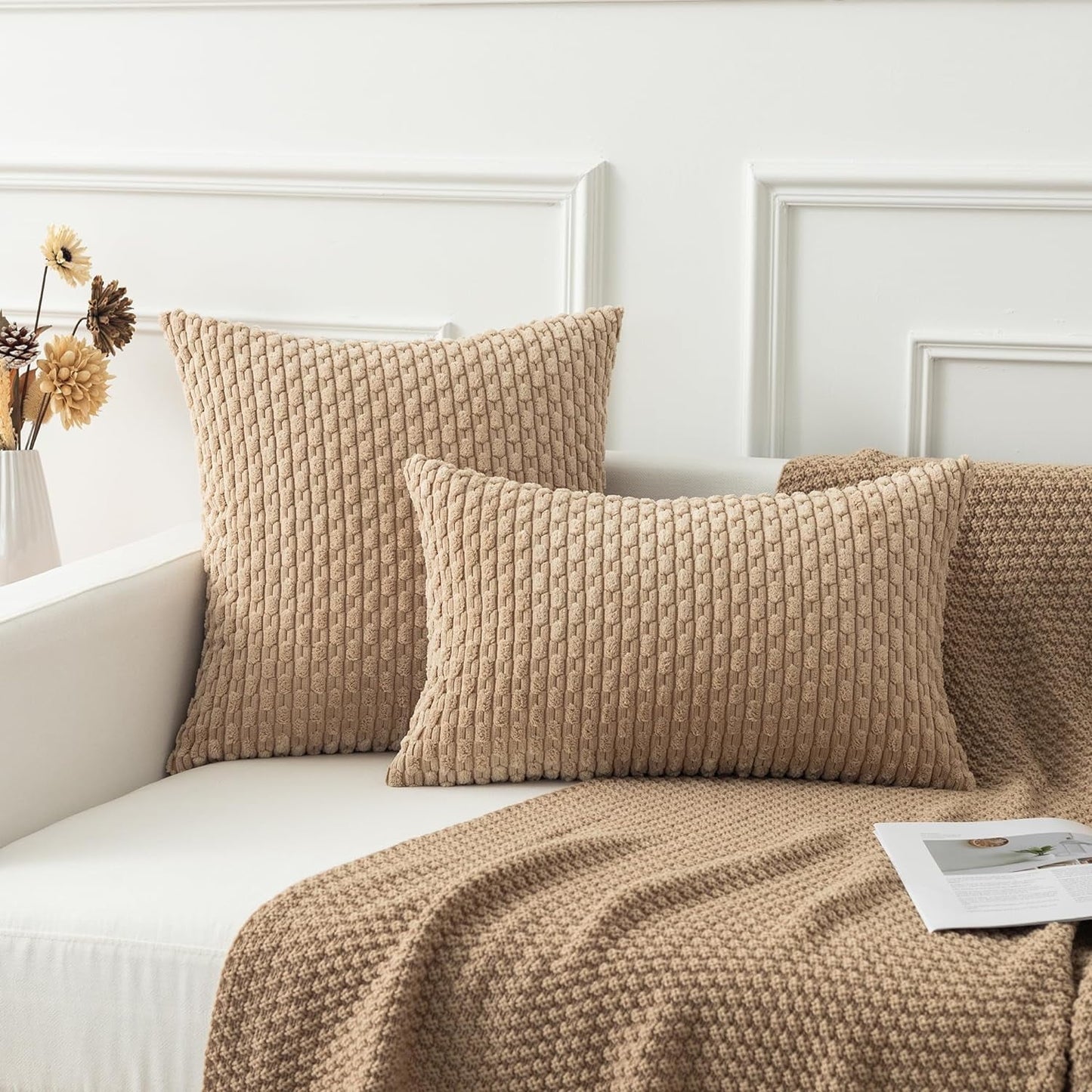 Holzlrgus Fall Set of 2 Striped Textured Velvet Corduroy Decorative Europe Sham Seasonal Autumn Throw Pillow Cushion Cover for Couch, (60x60 cm, 24inch), Burnt Brick