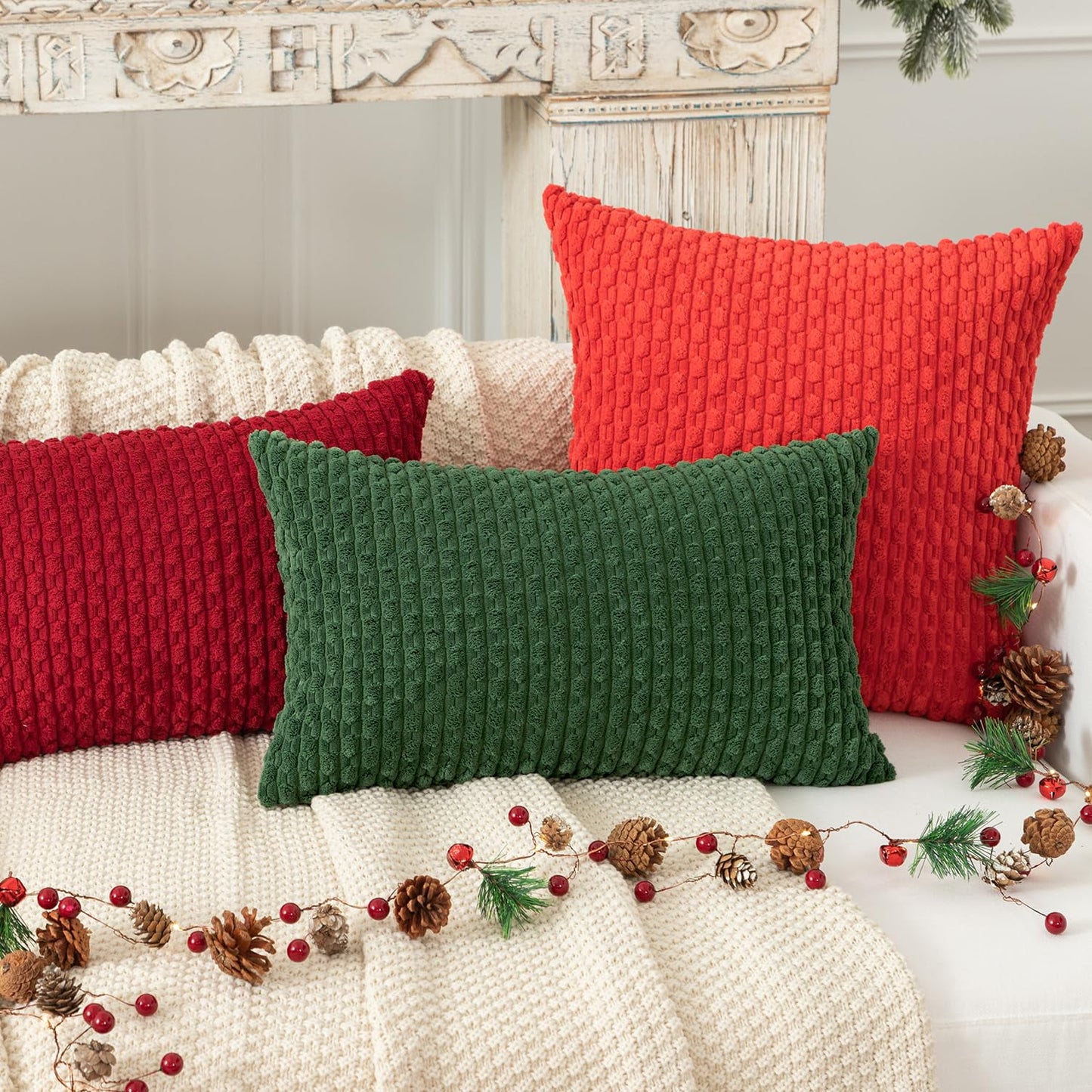 Holzlrgus Fall Set of 2 Striped Textured Velvet Corduroy Decorative Europe Sham Seasonal Autumn Throw Pillow Cushion Cover for Couch, (60x60 cm, 24inch), Burnt Brick