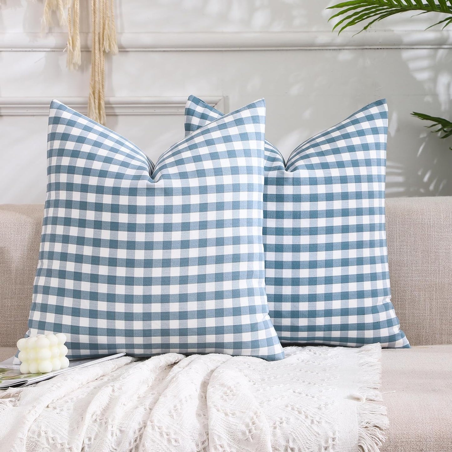 Light Blue Farmhouse Buffalo Plaid Pillow Covers 18x18 Set of 2 Patio Outdoor Decor Neutral Checkered Pillow Covers 18 x 18, Blue and White Gingham