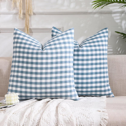 Light Blue Farmhouse Buffalo Plaid Pillow Covers 18x18 Set of 2 Patio Outdoor Decor Neutral Checkered Pillow Covers 18 x 18, Blue and White Gingham