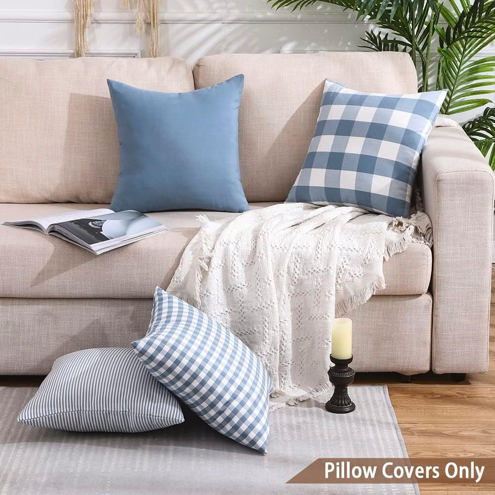 Light Blue Farmhouse Buffalo Plaid Pillow Covers 18x18 Set of 2 Patio Outdoor Decor Neutral Checkered Pillow Covers 18 x 18, Blue and White Gingham