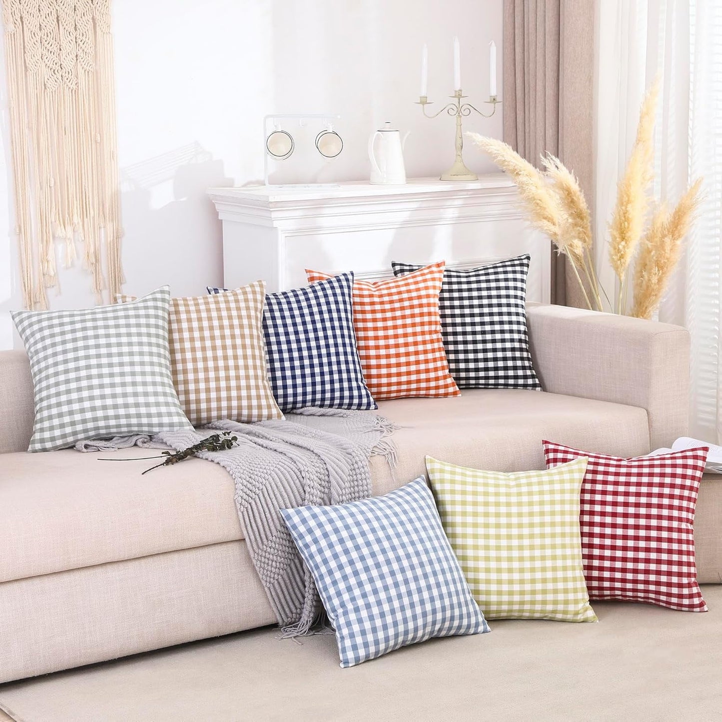 Light Blue Farmhouse Buffalo Plaid Pillow Covers 18x18 Set of 2 Patio Outdoor Decor Neutral Checkered Pillow Covers 18 x 18, Blue and White Gingham