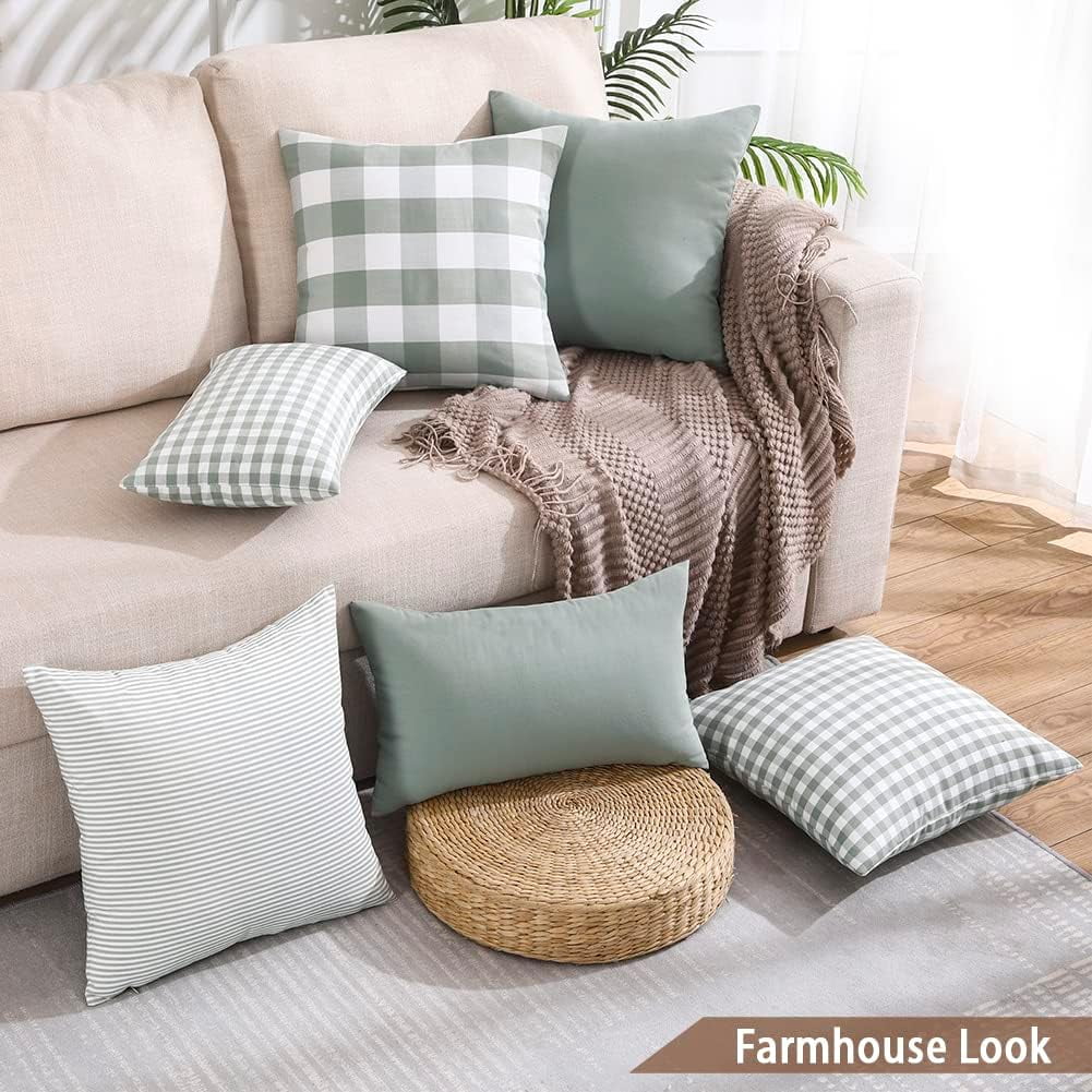 Light Blue Farmhouse Buffalo Plaid Pillow Covers 18x18 Set of 2 Patio Outdoor Decor Neutral Checkered Pillow Covers 18 x 18, Blue and White Gingham