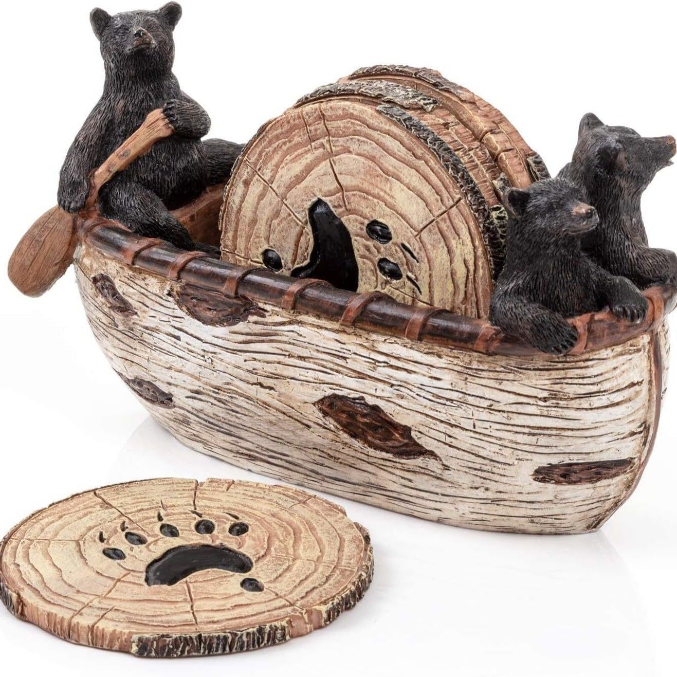 Bear Coasters Set of 6 Full Size Rustic Coasters in Handmade Canoe with Adorable Black Bear Figurines | Black Bear Log Cabin Decorations, Rustic Lodge Decor for The Home