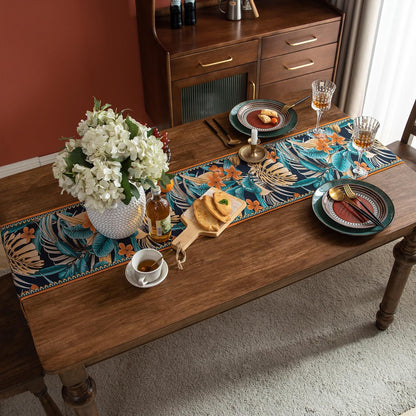 Luxury Thick Chenille Table Runner, Embroidery Jacquard Table Runners with Handmade Tassels for Dining Room Dresser Party