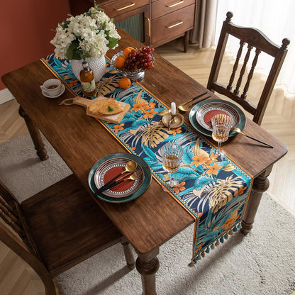 Luxury Thick Chenille Table Runner, Embroidery Jacquard Table Runners with Handmade Tassels for Dining Room Dresser Party