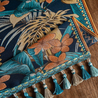 Luxury Thick Chenille Table Runner, Embroidery Jacquard Table Runners with Handmade Tassels for Dining Room Dresser Party