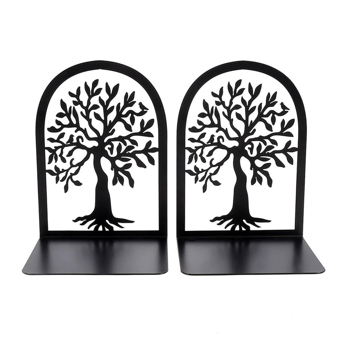 2 Pcs Bookends Creative Tree Pattern Black Metal Book Ends Durable Sturdy Iron Bookstand for Home School Office