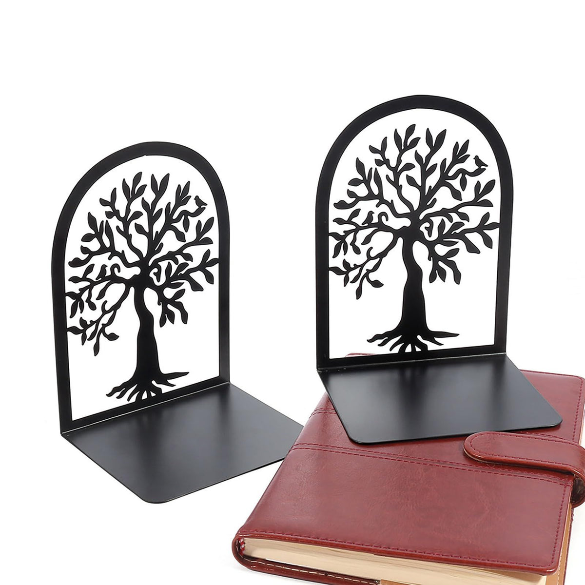 2 Pcs Bookends Creative Tree Pattern Black Metal Book Ends Durable Sturdy Iron Bookstand for Home School Office