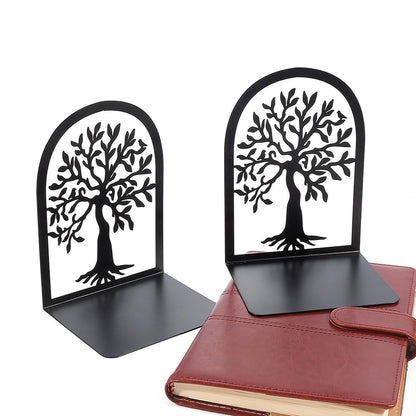 2 Pcs Bookends Creative Tree Pattern Black Metal Book Ends Durable Sturdy Iron Bookstand for Home School Office