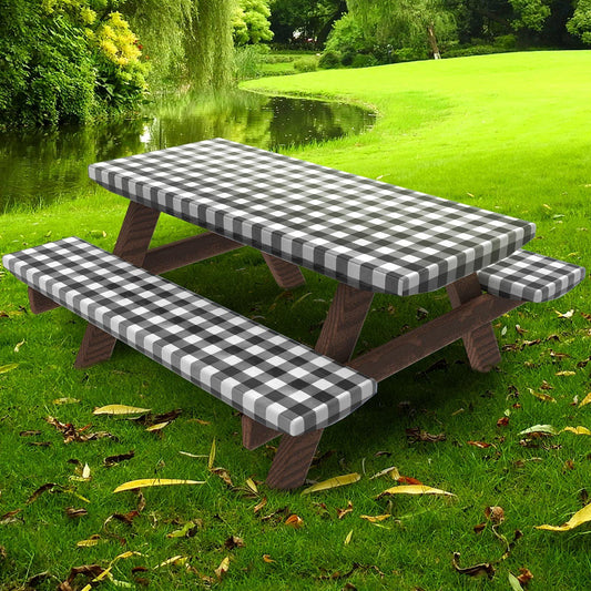 Picnic Table Cover with Bench Covers Fitted Table Clothes for 6 Foot Rectangle Tables (30x72 Inch,3-Pieces, Black Plaid)